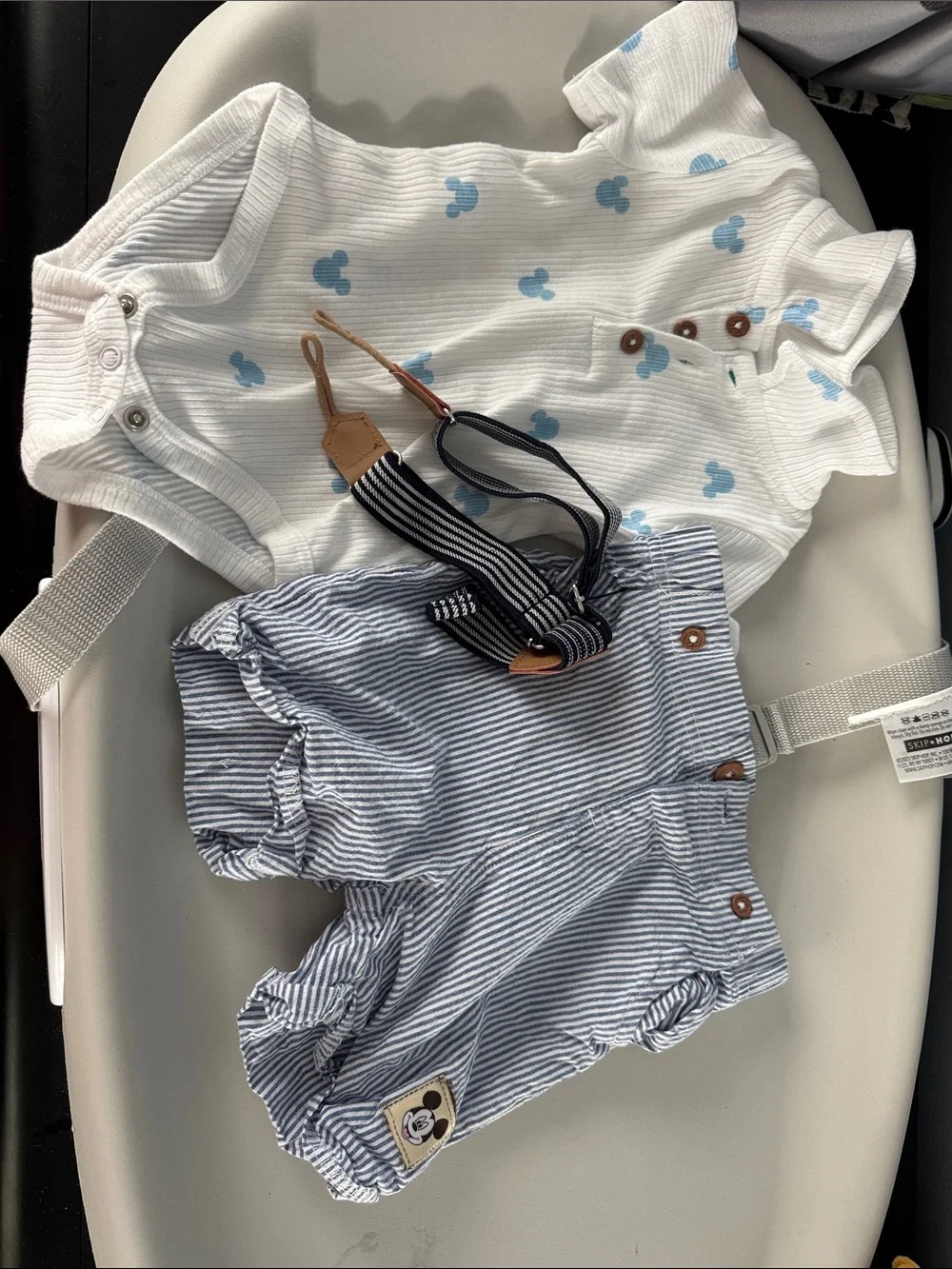 Baby Disney Blue Stripe Shorts and White Mickey Bodysuit Set with suspenders